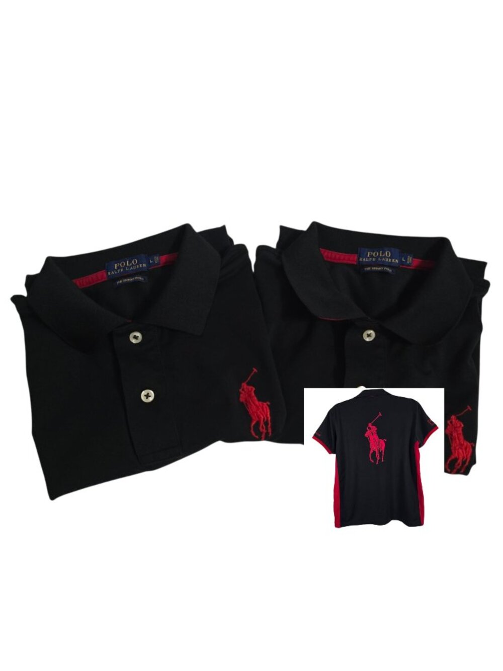Lot of 2 Polo Ralph Lauren Mens Black Red Extreme Skinny Polo Shirts Large